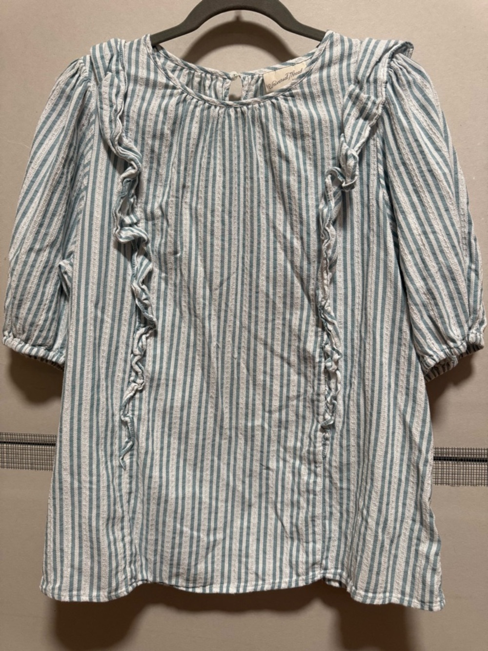 Universal Thread Blue and White Striped Ruffle Front Blouse - Picture 2 of 6